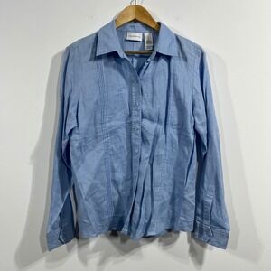 VTG Liz Claiborne Powder Blue 100% Linen Coastal Button Down‎ Shirt Womens 10